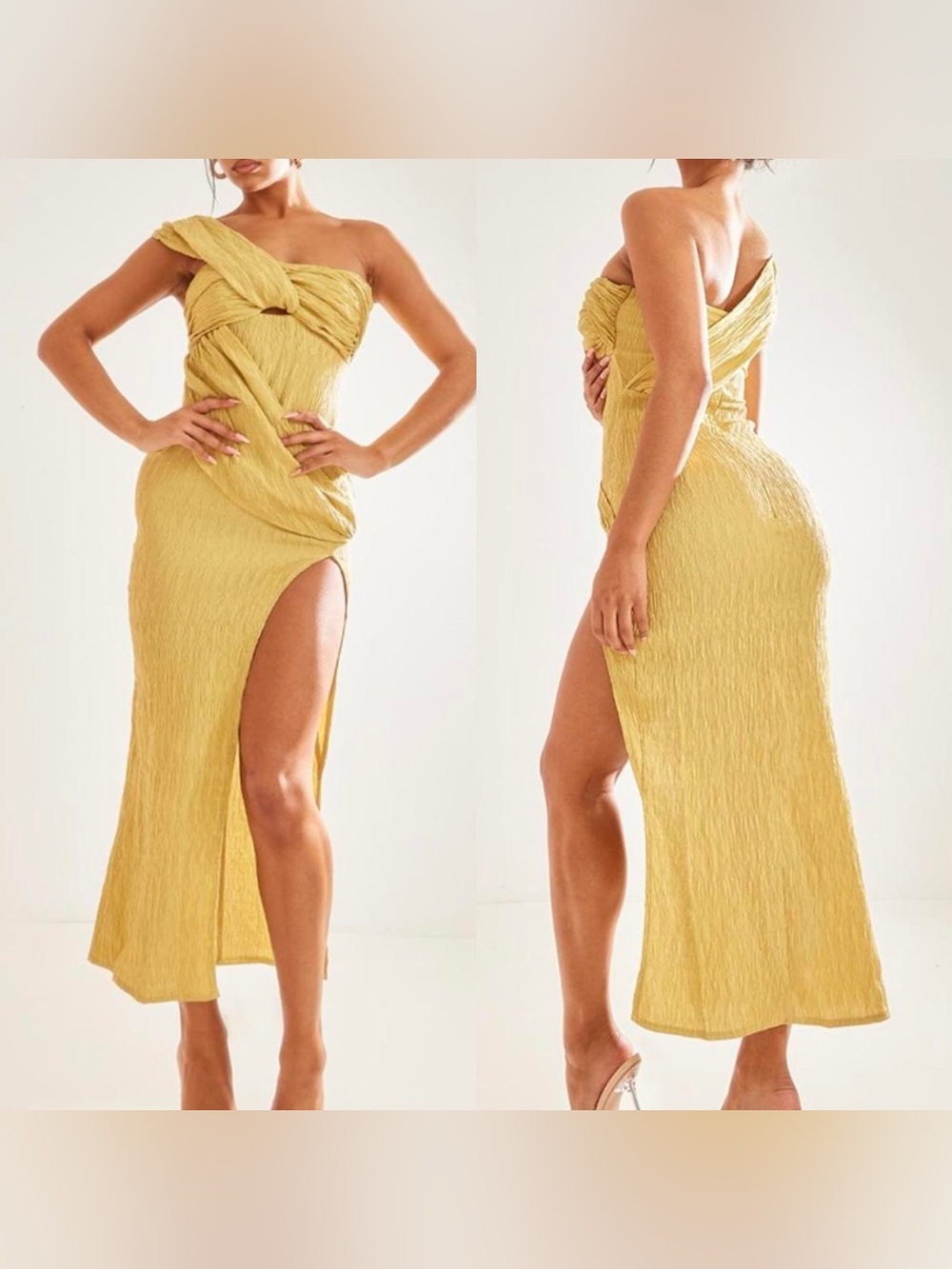 Pretty Little Thing Textured One Shoulder Drape Split Midi Dress Olive Size 12